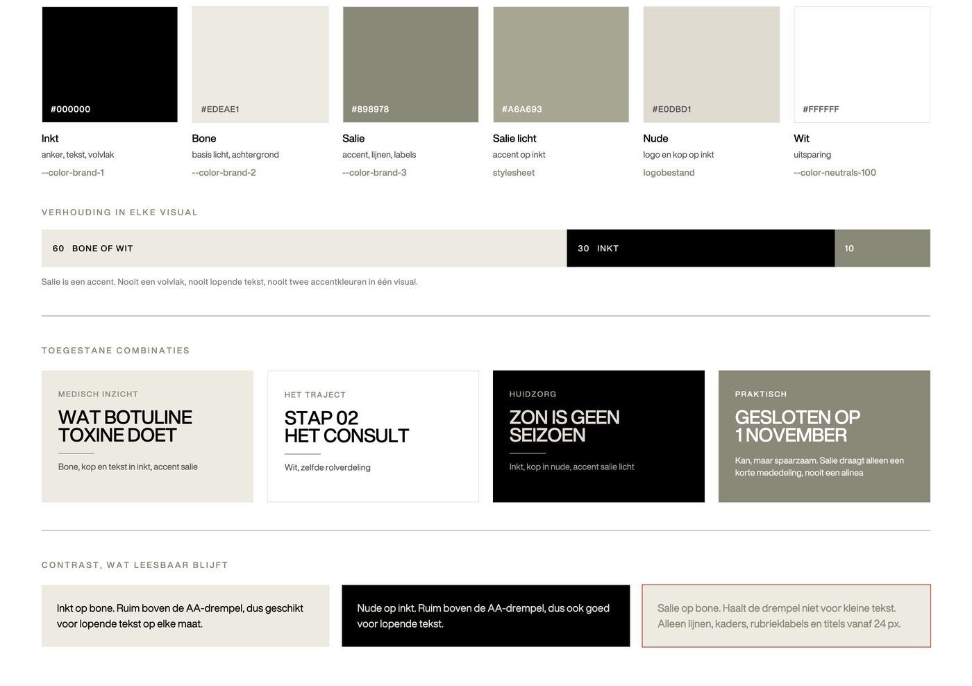 Spread uit een digitale style guide met kleurstalen, de verhouding 60 op 30 op 10, toegestane combinaties en een contrasttest.